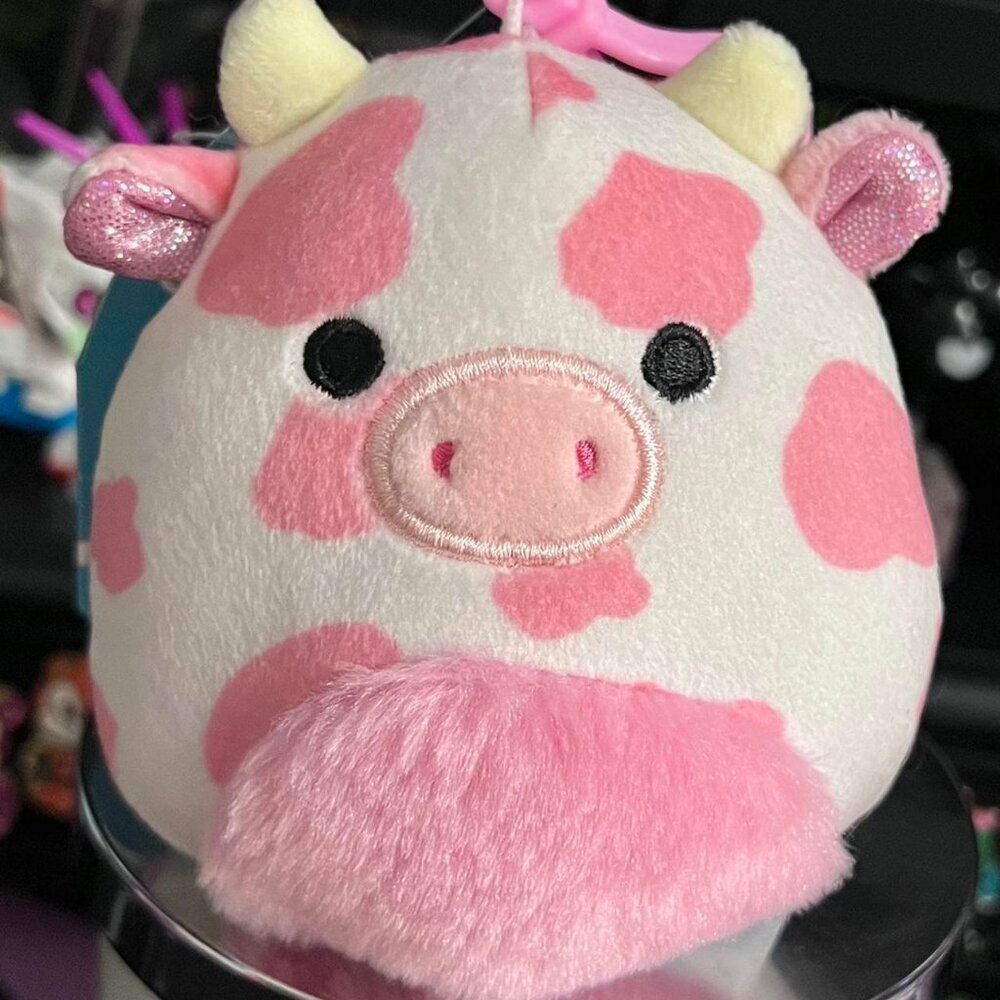 Evangelica the Pink Cow w Fuzzy Belly 3.5" Squishmallow Stuffed Plush Bag Clip